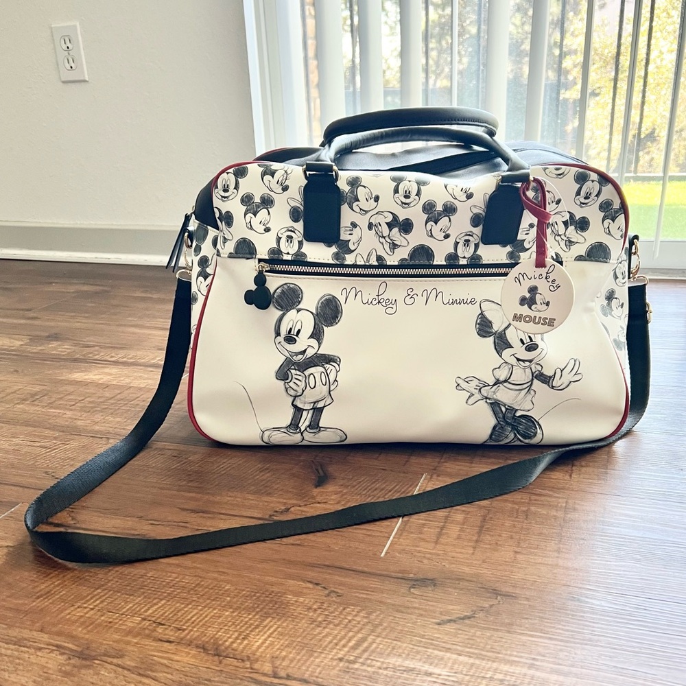 Disney Mickey & Minnie Mouse Black White Sketch Print Duffle Weekend Travel Bag - Picture 2 of 10